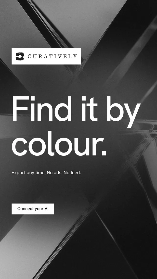 Instagram story for Curatively: "Find it by colour." Swiss style, announce layout, dark palette in black, grey.