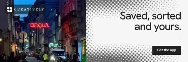 X header for Curatively: "Saved, sorted and yours." Swiss style, right layout, light palette in purple, grey, white.