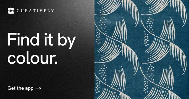 Social ad for Curatively: "Find it by colour." Minimal luxury style, bottom layout, dark palette in black, blue, grey.