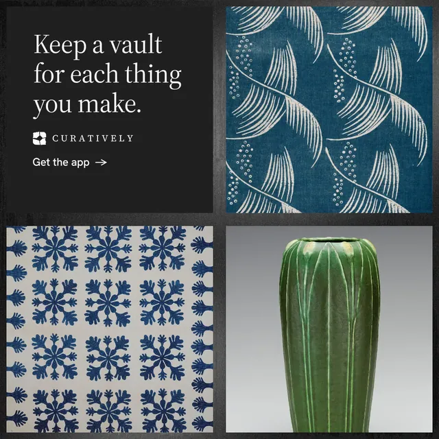 Instagram post for Curatively: "Keep a vault for each thing you make." Minimal luxury style, collage layout, dark palette in blue, black, grey.