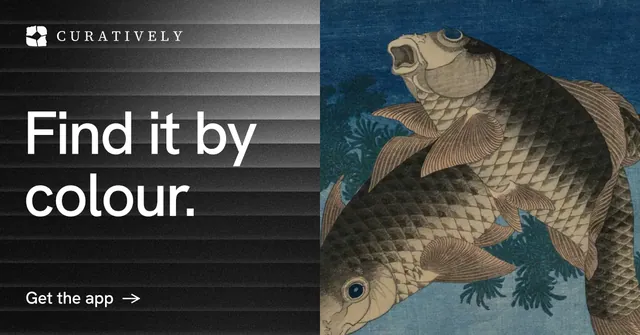 Social ad for Curatively: "Find it by colour." Minimal luxury style, bottom layout, dark palette in black, blue, grey.