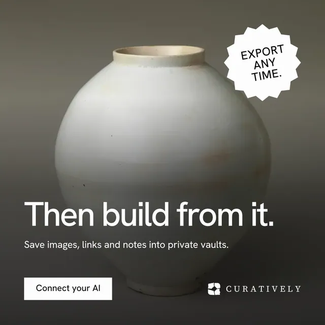 Instagram post for Curatively: "Then build from it." Swiss style, sticker layout, dark palette in grey, black, white.