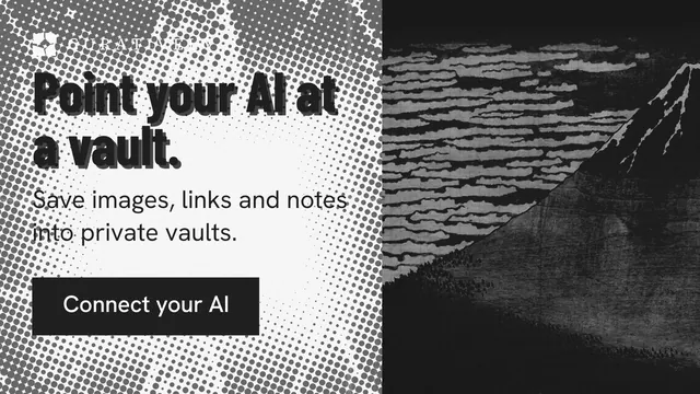 Landscape graphic for Curatively: "Point your AI at a vault." Retro print style, skeleton layout, light palette in white, black, grey.