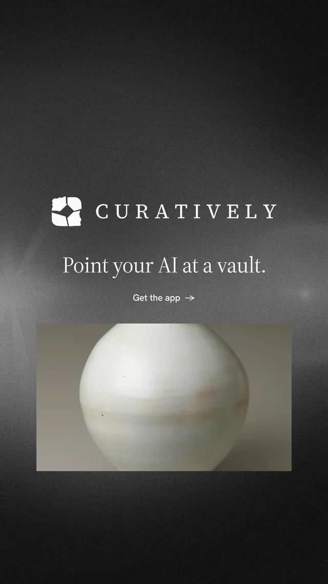Instagram story for Curatively: "Point your AI at a vault." Minimal luxury style, logo hero layout, dark palette in black, grey.