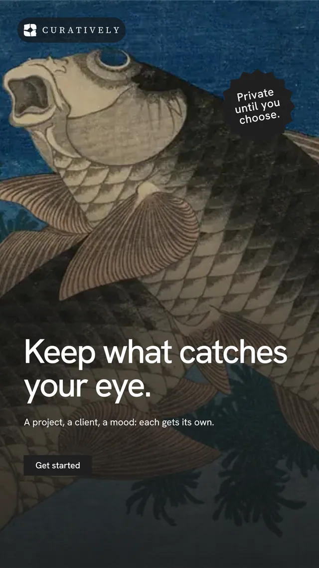 Instagram story for Curatively: "Keep what catches your eye." Swiss style, sticker layout, dark palette in black, grey, blue.