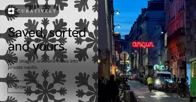 Social ad for Curatively: "Saved, sorted and yours." Editorial style, bottom layout, dark palette in grey, blue, black.