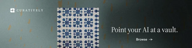 LinkedIn banner for Curatively: "Point your AI at a vault." Minimal luxury style, skeleton layout, dark palette in black, grey.