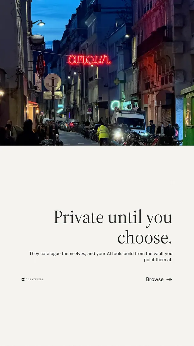 Instagram story for Curatively: "Private until you choose." Minimal luxury style, right layout, light palette in white, purple, grey.