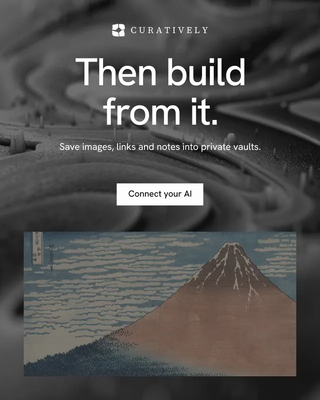 Instagram portrait post for Curatively: "Then build from it." Swiss style, centred layout, dark palette in grey, black.
