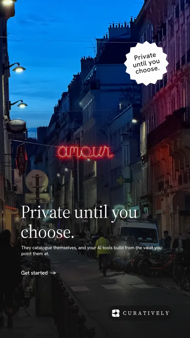 Instagram story for Curatively: "Private until you choose." Minimal luxury style, sticker layout, dark palette in black, blue, pink.