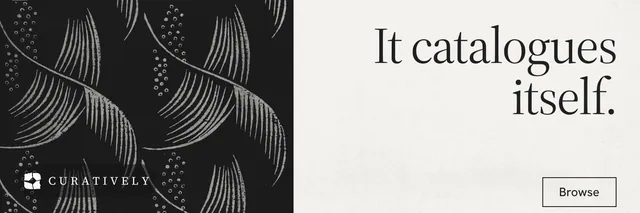 X header for Curatively: "It catalogues itself." Editorial style, right layout, light palette in black, white, grey.
