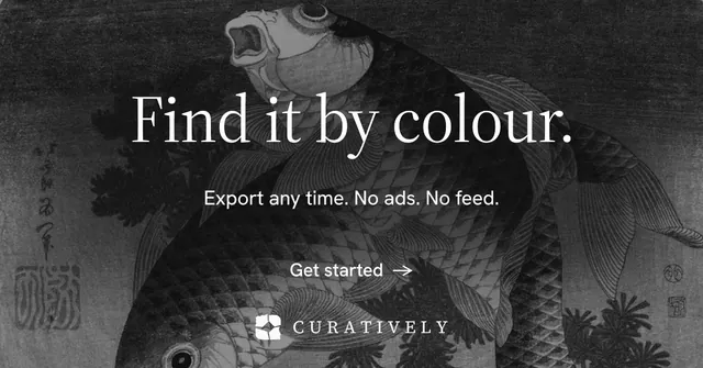 Social ad for Curatively: "Find it by colour." Minimal luxury style, centred layout, dark palette in grey, black.