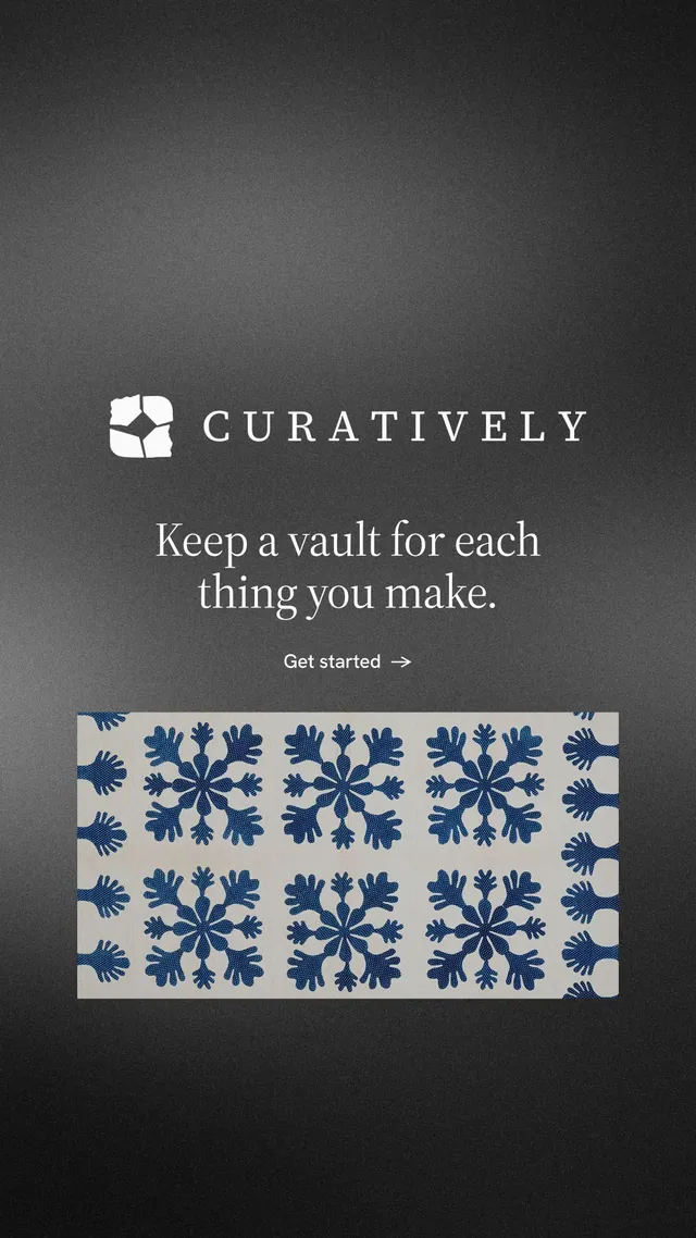 Instagram story for Curatively: "Keep a vault for each thing you make." Minimal luxury style, logo hero layout, dark palette in grey, black.