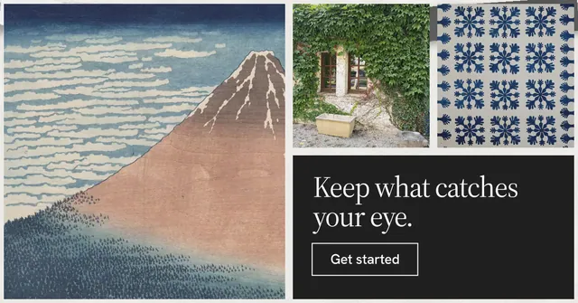 Social ad for Curatively: "Keep what catches your eye." Editorial style, collage layout, light palette in grey, black.