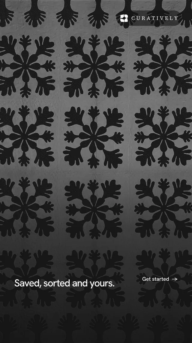 Instagram story for Curatively: "Saved, sorted and yours." Swiss style, image led layout, dark palette in grey, black.