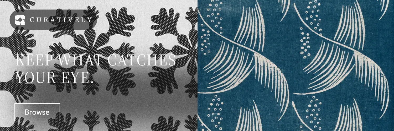 X header for Curatively: "Keep what catches your eye." Editorial style, bottom layout, dark palette in blue, grey, white.