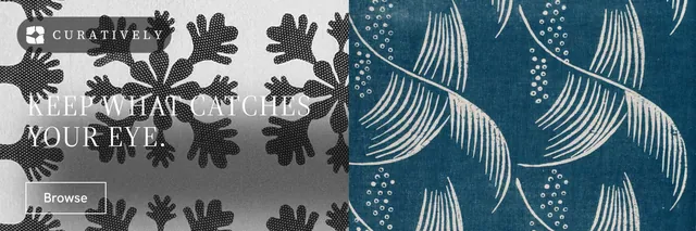 X header for Curatively: "Keep what catches your eye." Editorial style, bottom layout, dark palette in blue, grey, white.