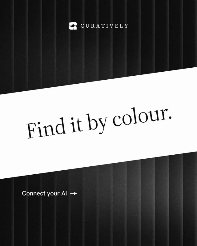 Instagram portrait post for Curatively: "Find it by colour." Minimal luxury style, diagonal layout, dark palette in black, white.
