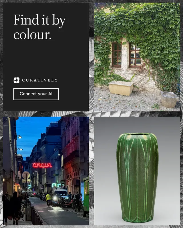 Instagram portrait post for Curatively: "Find it by colour." Editorial style, collage layout, dark palette in black, grey.