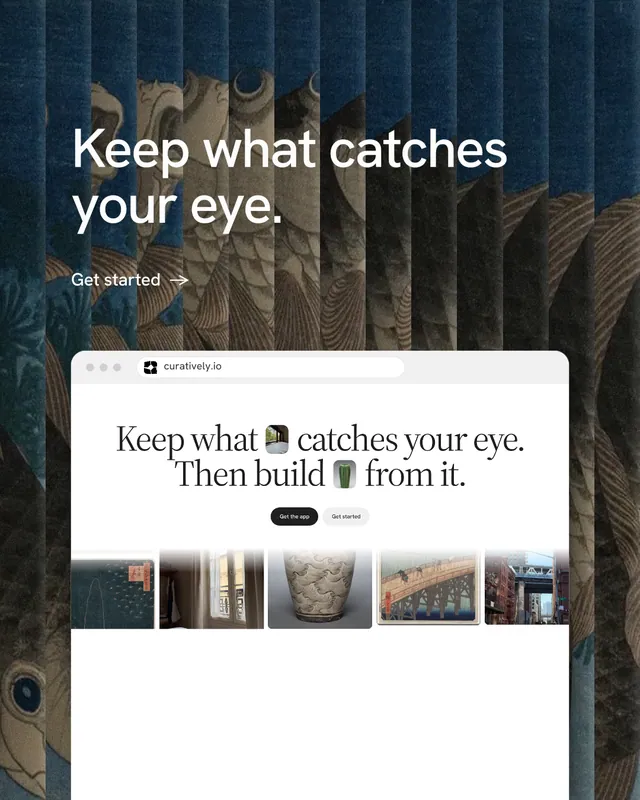 Instagram portrait post for Curatively: "Keep what catches your eye." Minimal luxury style, browser layout, light palette in blue, black, white.