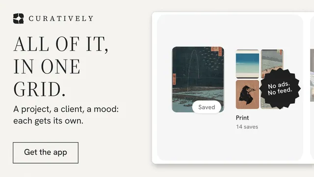 Landscape graphic for Curatively: "All of it, in one grid." Editorial style, sticker layout, light palette in white, grey.