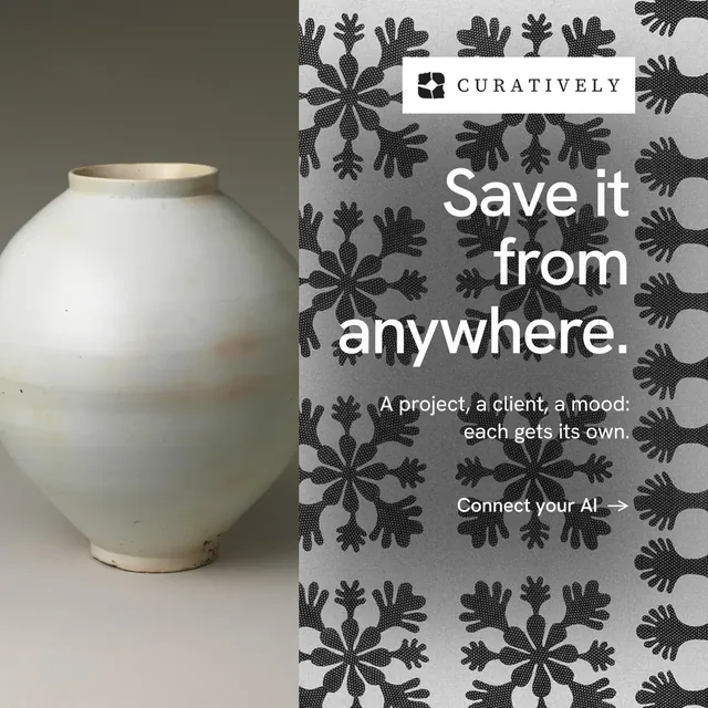 Instagram post for Curatively: "Save it from anywhere." Minimal luxury style, right layout, light palette in grey.
