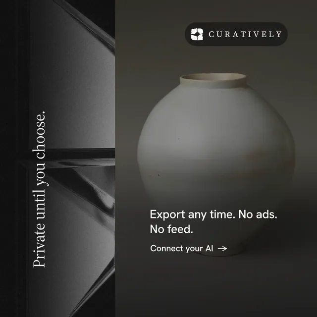 Instagram post for Curatively: "Private until you choose." Minimal luxury style, vertical layout, dark palette in black, grey.
