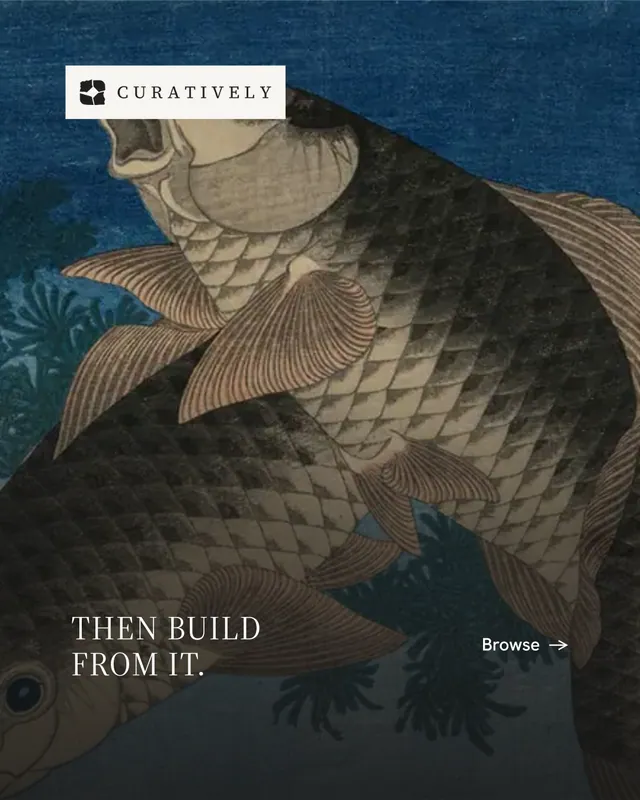 Instagram portrait post for Curatively: "Then build from it." Minimal luxury style, image led layout, dark palette in black, blue, grey.