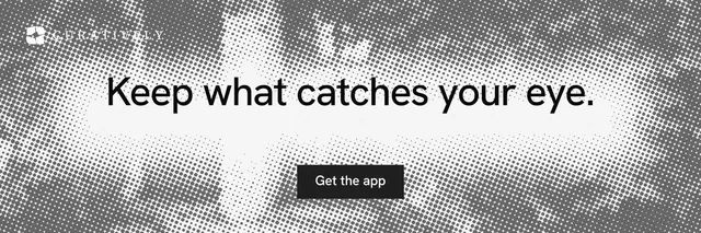 X header for Curatively: "Keep what catches your eye." Split block style, centred layout, light palette in white, grey.