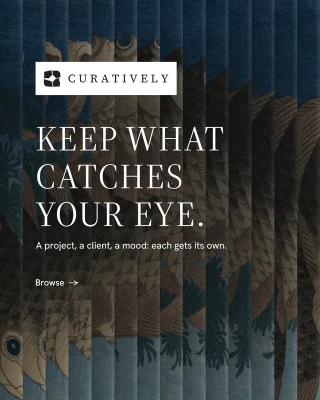 Instagram portrait post for Curatively: "Keep what catches your eye." Minimal luxury style, announce layout, dark palette in black, blue, grey.