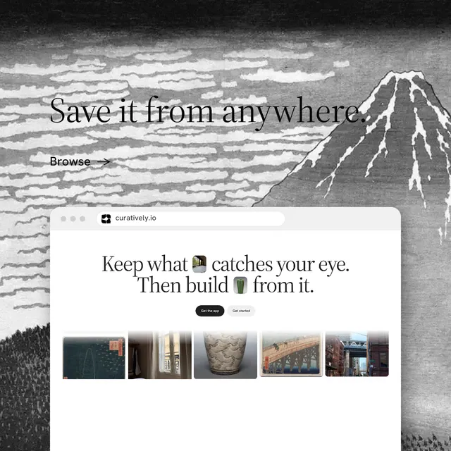 Instagram post for Curatively: "Save it from anywhere." Minimal luxury style, browser layout, light palette in grey, white.