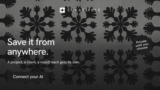 Landscape graphic for Curatively: "Save it from anywhere." Retro print style, sticker layout, dark palette in grey, black.
