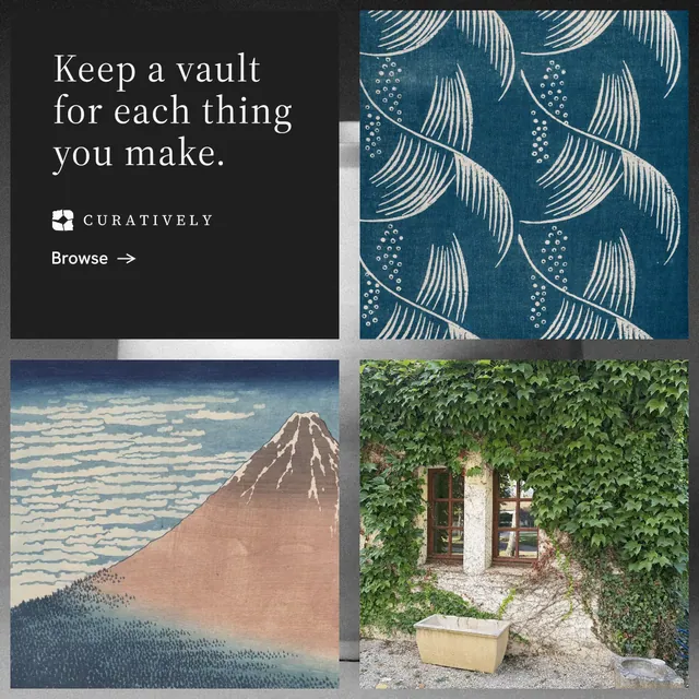 Instagram post for Curatively: "Keep a vault for each thing you make." Minimal luxury style, collage layout, dark palette in teal, black, grey.