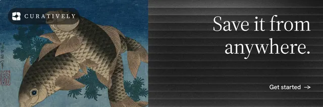 X header for Curatively: "Save it from anywhere." Minimal luxury style, right layout, dark palette in black, grey.