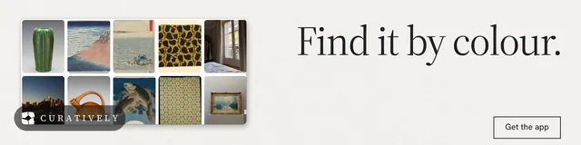 LinkedIn banner for Curatively: "Find it by colour." Editorial style, right layout, light palette in white, grey.