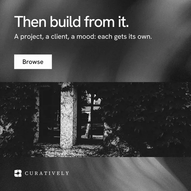 Instagram post for Curatively: "Then build from it." Swiss style, skeleton layout, dark palette in grey, black.
