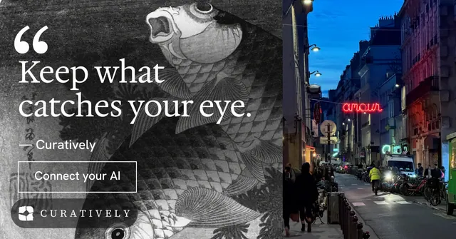 Social ad for Curatively: "Saved, sorted and yours." Editorial style, quote layout, dark palette in black, grey, blue.