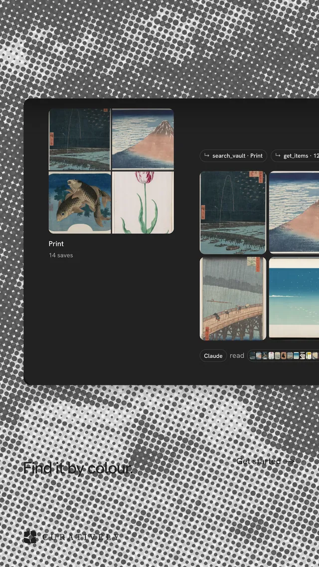 Instagram story for Curatively: "Find it by colour." Swiss style, image led layout, dark palette in black, grey.