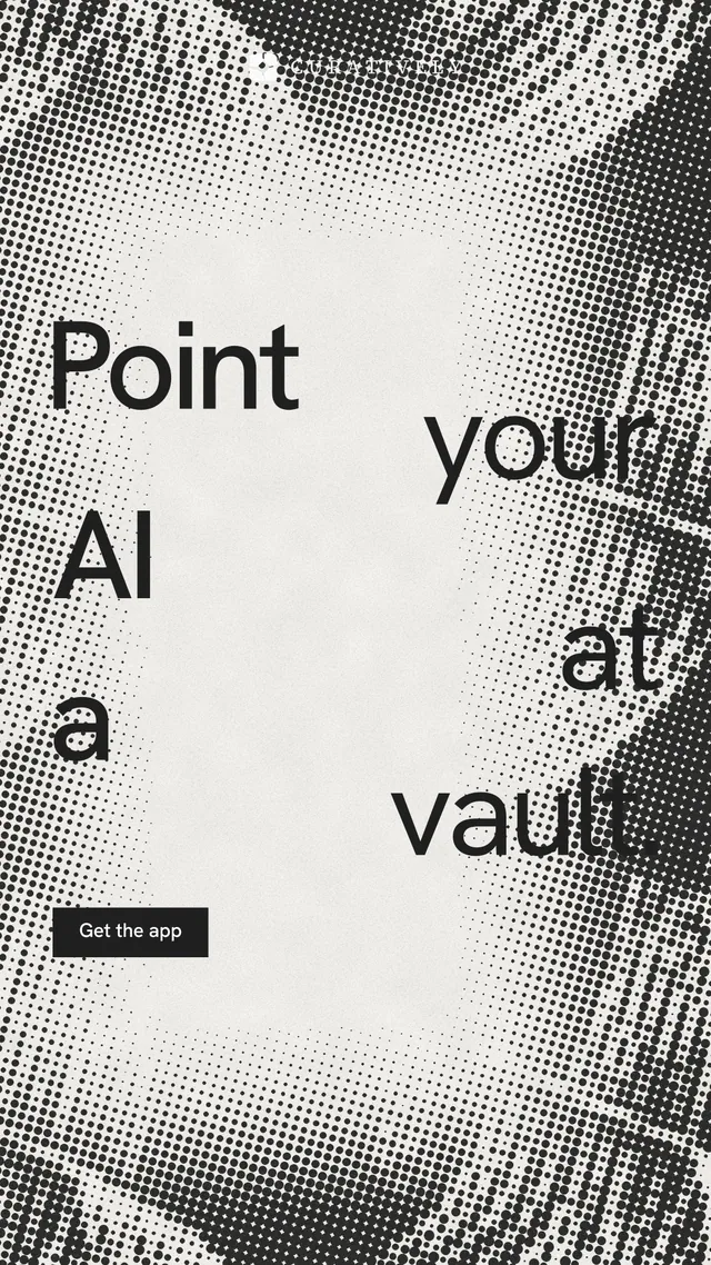 Instagram story for Curatively: "Point your AI at a vault." Swiss style, stacked layout, light palette in grey, white.