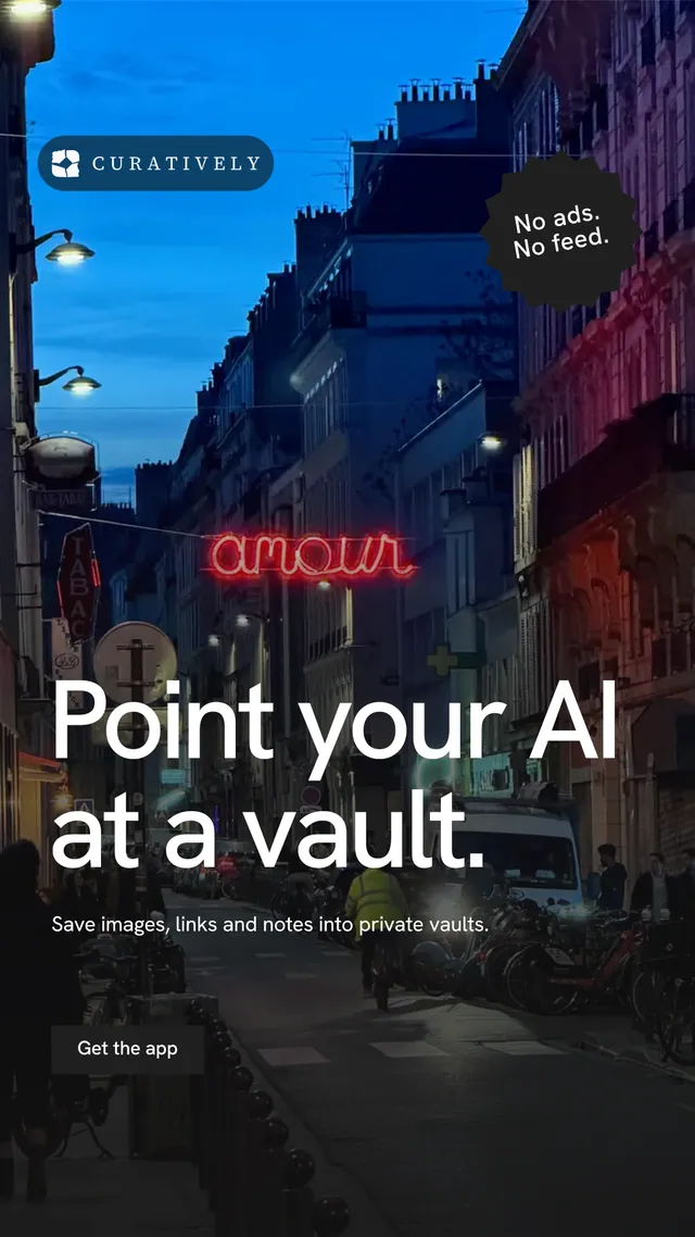 Instagram story for Curatively: "Point your AI at a vault." Swiss style, sticker layout, dark palette in black, blue.