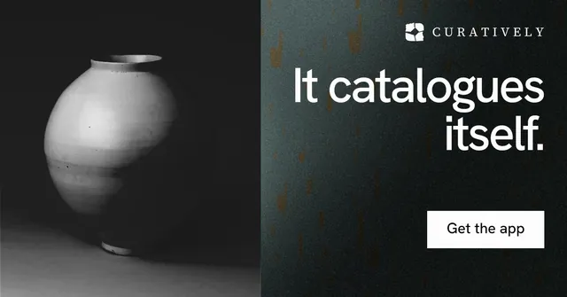 Social ad for Curatively: "It catalogues itself." Swiss style, right layout, dark palette in black, grey.