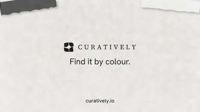 Landscape graphic for Curatively: "Find it by colour." Editorial style, end card layout, light palette in white, grey.