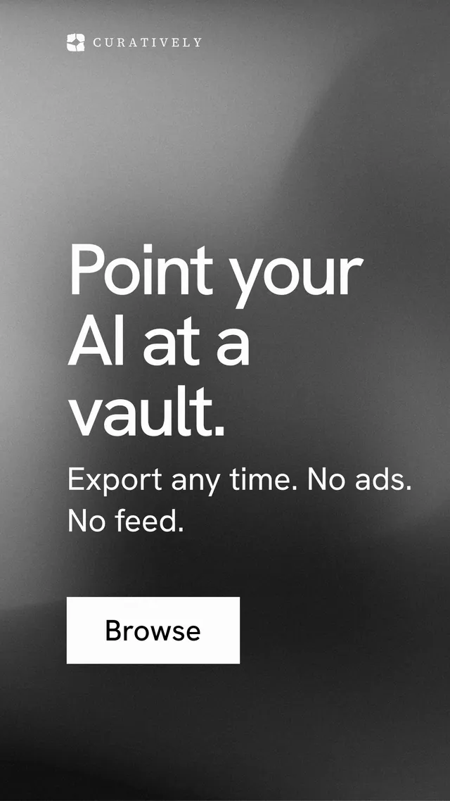 Instagram story for Curatively: "Point your AI at a vault." Swiss style, skeleton layout, dark palette in black, grey.