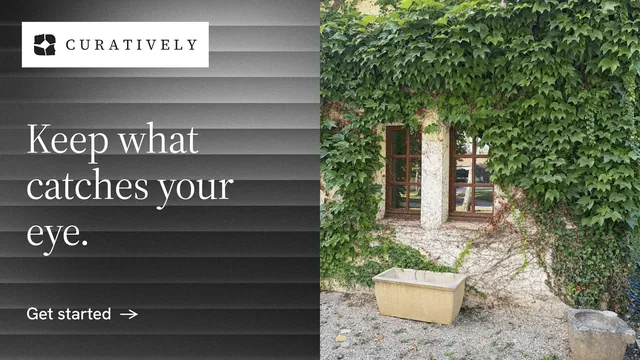 Landscape graphic for Curatively: "Keep what catches your eye." Minimal luxury style, bottom layout, dark palette in grey, black.