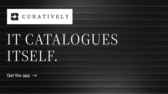Landscape graphic for Curatively: "It catalogues itself." Minimal luxury style, announce layout, dark palette in black, grey.