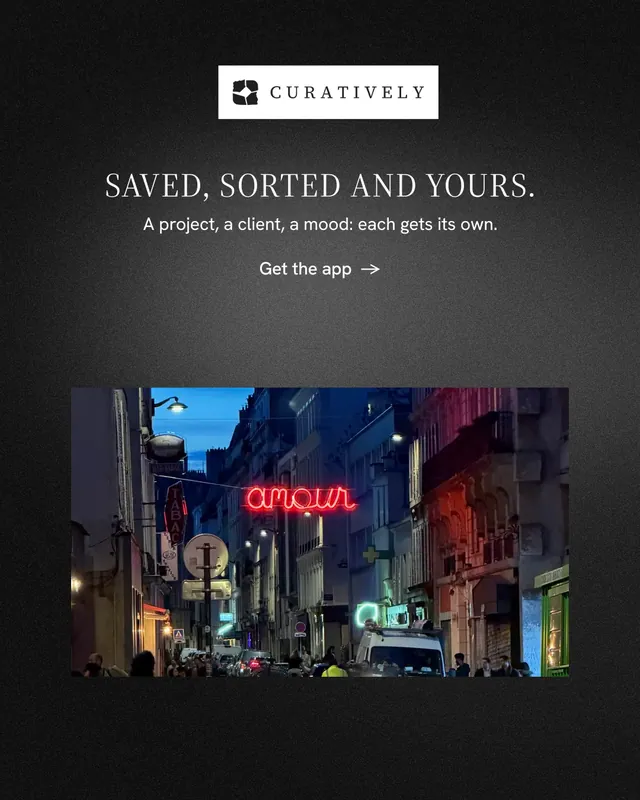Instagram portrait post for Curatively: "Saved, sorted and yours." Minimal luxury style, centred layout, dark palette in black, grey.
