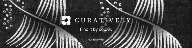 LinkedIn banner for Curatively: "Find it by colour." Minimal luxury style, end card layout, dark palette in black, grey.
