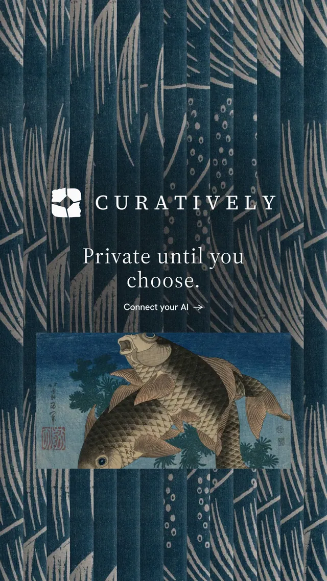 Instagram story for Curatively: "Private until you choose." Minimal luxury style, logo hero layout, dark palette in blue, grey.