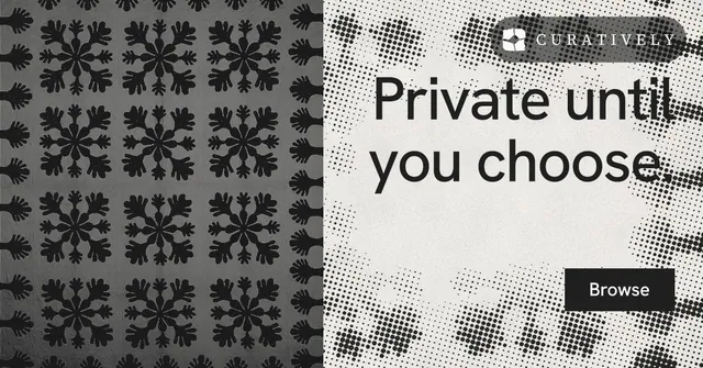 Social ad for Curatively: "Private until you choose." Retro print style, right layout, light palette in grey, black, white.