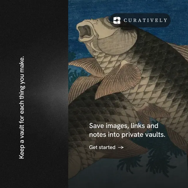 Instagram post for Curatively: "Keep a vault for each thing you make." Minimal luxury style, vertical layout, dark palette in black, grey.